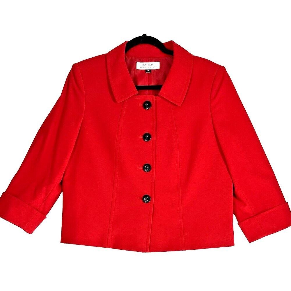 Tahari Blazer Jacket Womens 12 Red Black Buttons Blazer Jacket Classic Y2K
